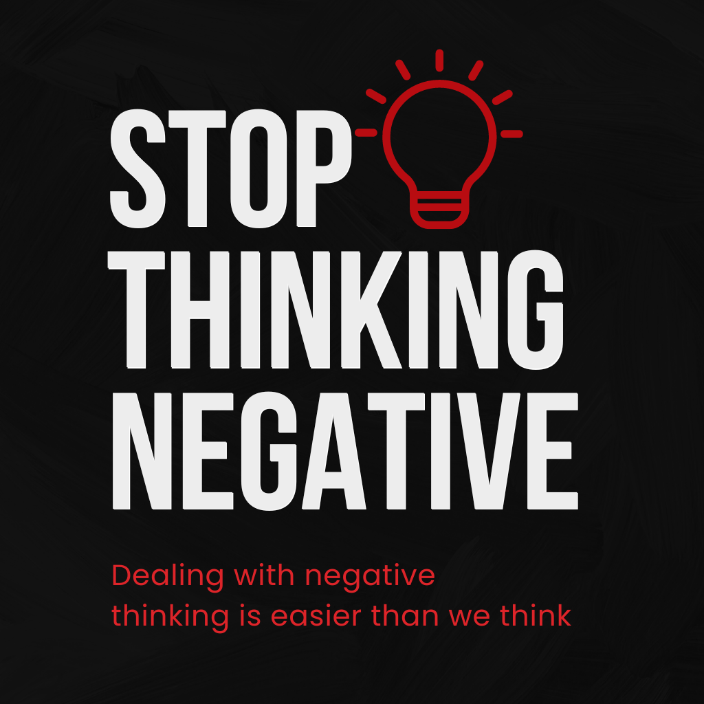 Lightbulb illustration with the phrases 'Stop thinking negative' and 'Dealing with negative thinking is easier than we think,' reflecting the power of positive mindset books to overcome negative thoughts.