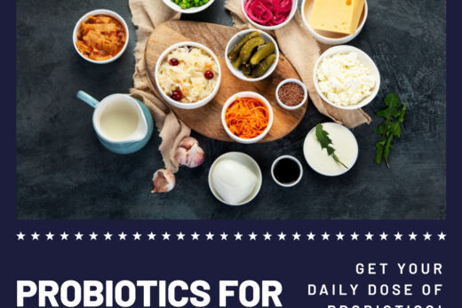 Image of a variety of probiotic-rich foods promoting a healthy gut as a natural way to combat acne.