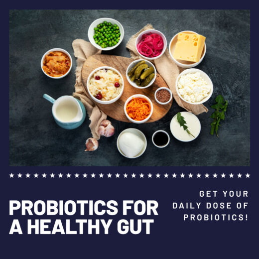 Image of a variety of probiotic-rich foods promoting a healthy gut as a natural way to combat acne.