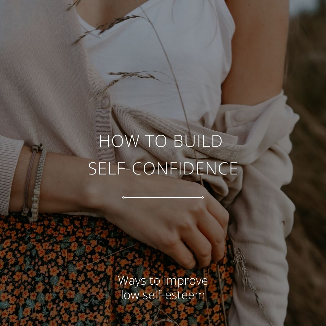 The image depicts a frail woman lacking self-confidence, also some texts "How to build self-confidence" and "ways to improve self-esteem", representing the desire to want to gain self-confidence, which can be done through reading best books for self-confidence.