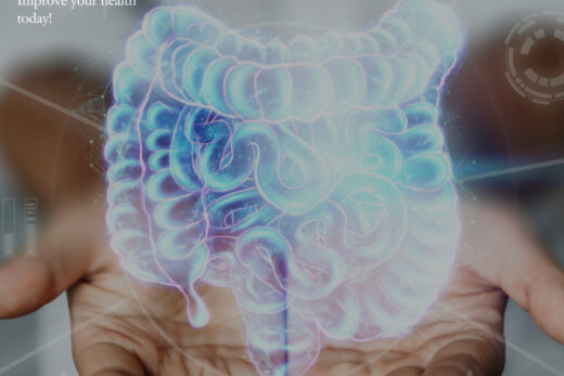 image of a man with a human gut floating above his hands. Titled "Probiotics and gut health"