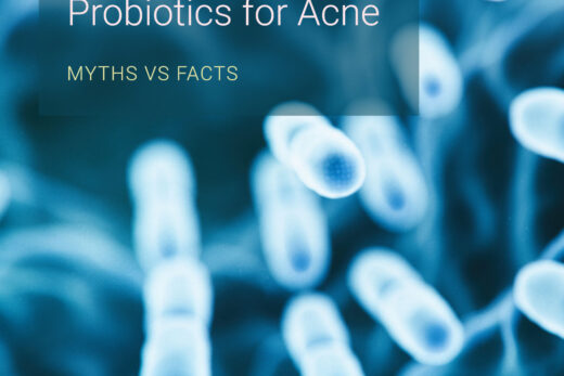 image of probiotics cells with words probiotics for acne, myths vs facts.