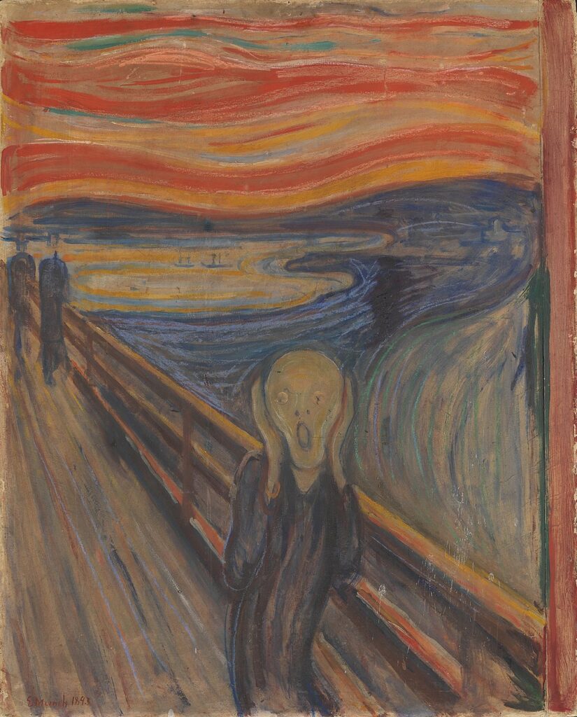 Edvard Munch's 'The Scream': A symbolic expression of the philosophy of art, portraying anxiety and existential dread with a figure against a blood-red sky.