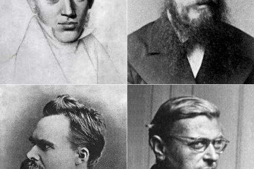 Black and white portraits of four influential existentialist philosophers - Søren Kierkegaard, Fyodor Dostoevsky, Friedrich Nietzsche, and Jean-Paul Sartre.