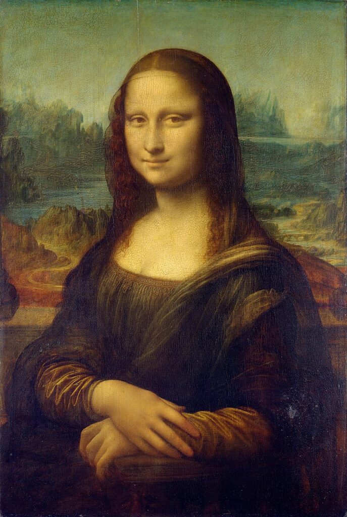 Leonardo da Vinci's "Mona Lisa". A woman with an enigmatic smile seated against a remote landscape backdrop, exemplifying the philosophy of art.