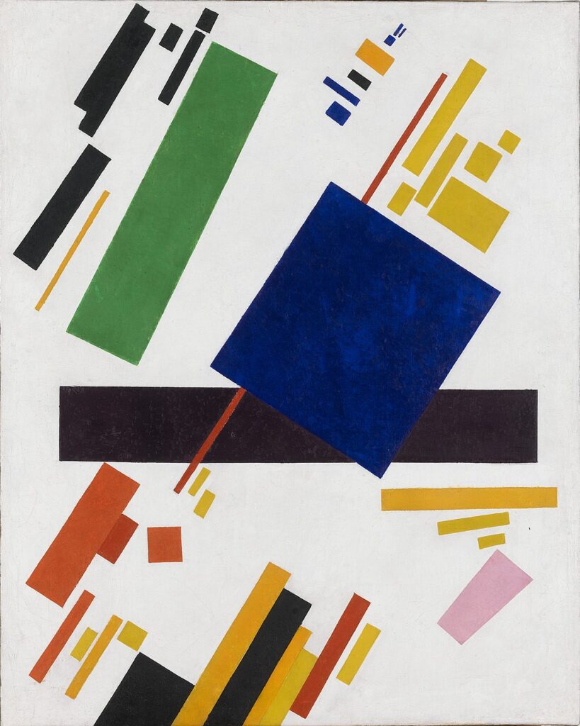 "Suprematist Composition" by Malevich. An abstract composition of multi-colored, variously sized squares and rectangles floating against a stark white background, representing the minimalist Suprematist art movement