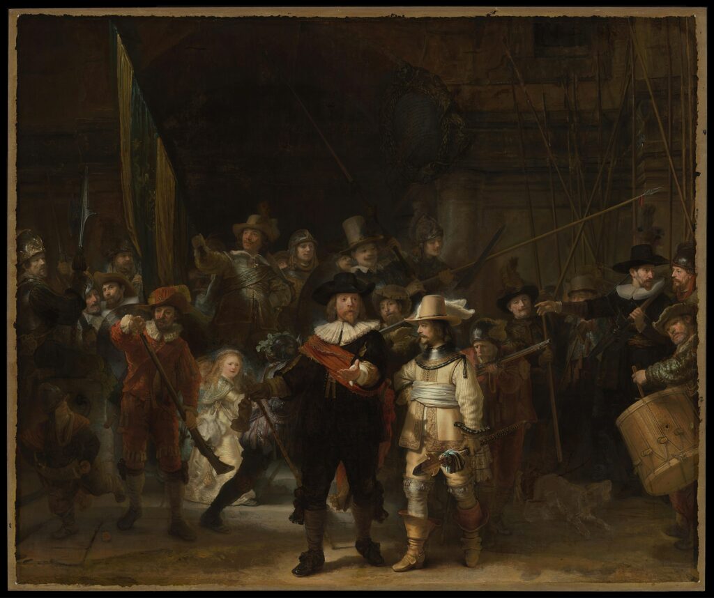 "The Night Watch" by Rembrandt. An example of the Philosophy of Art influencing perceptions, showcasing a group of city guards in a dark setting, illuminated by strategic lighting.