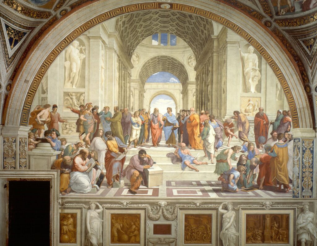 Raphael's "The School of Athens".
A grand hall filled with philosophers engaged in discussion and thought.