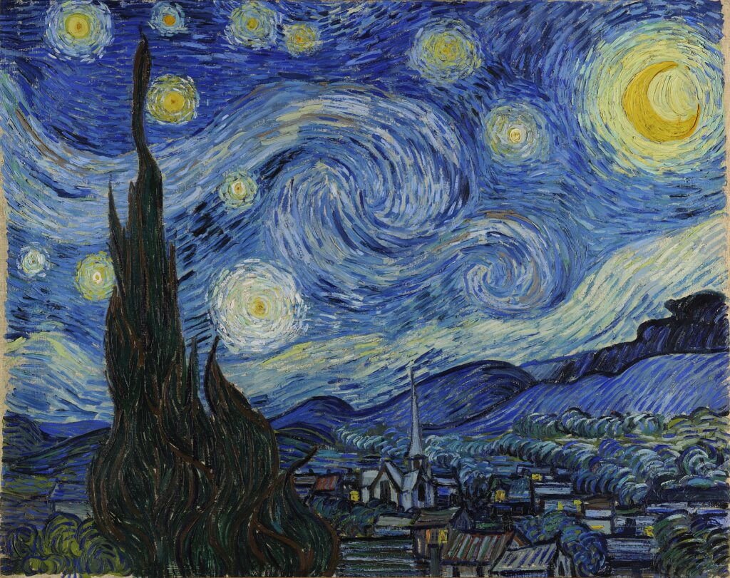 Vincent Van Gogh's "The Starry Night".
Swirling stars over a quaint village lit by a crescent moon.