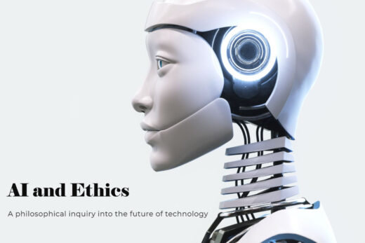 An artificial intelligence profile overlayed with the words 'AI and Ethics' and 'A philosophical inquiry into the future of technology', symbolizing the exploration of ethical considerations in AI technology