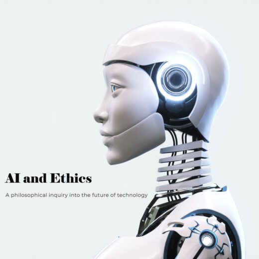 An artificial intelligence profile overlayed with the words 'AI and Ethics' and 'A philosophical inquiry into the future of technology', symbolizing the exploration of ethical considerations in AI technology