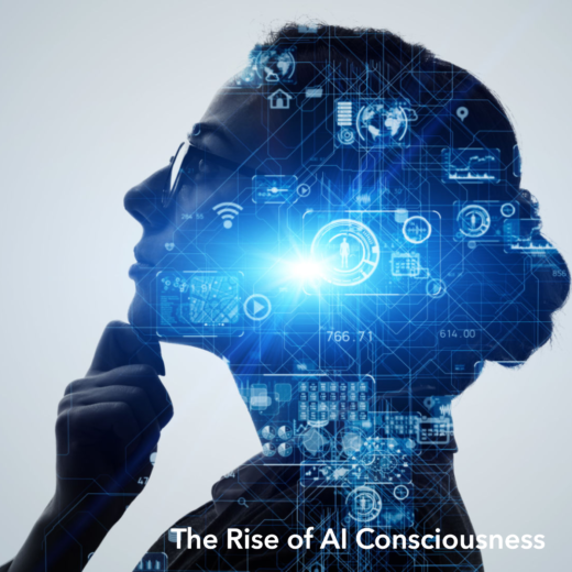 AI consciousness concept represented by a thinking human silhouette filled with technology symbols and elements, signifying the intersection of artificial intelligence and human consciousness