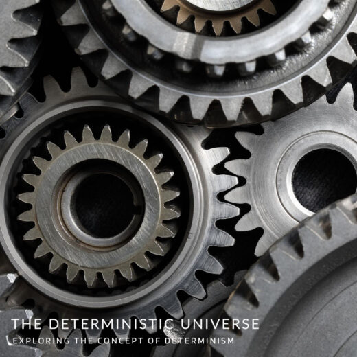 An interconnected system of gears, each one causing the movement of the next, representing the concept of determinism in which every event is predetermined by previous events