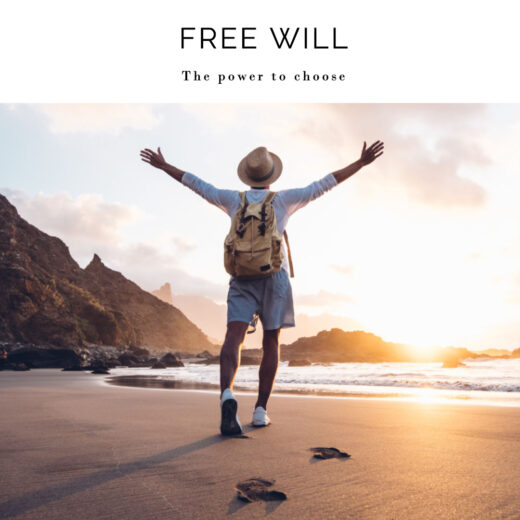 image of a man with open arms facing the sea, symbolizing free will and choice. "Free Will" and "Power to Choose" displayed above on a white background.