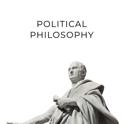 image of a ruler sculpture with phrase "Political Philosophy" on top signifying elements of philosophy and politics.
