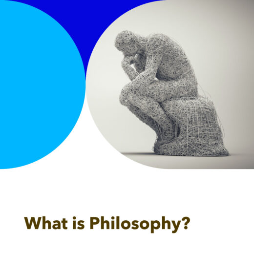 image of a thinking formed by lines sitting on a chair contemplating with title "What is Philosophy" in white background