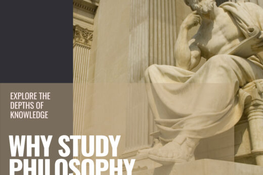 image of a thinker philosopher statute sitting in front of a grand building with title "why study philosophy" and the phrase "explore the depths of "knowledge.