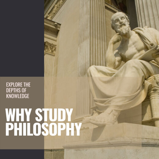 image of a thinker philosopher statute sitting in front of a grand building with title "why study philosophy" and the phrase "explore the depths of "knowledge.