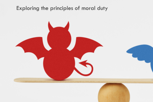 Iconic representation of deontology: red demon and blue angel on scale with an egg, symbolizing moral duty explored in the post "How Deontology can Revamp Your Moral Perspective.