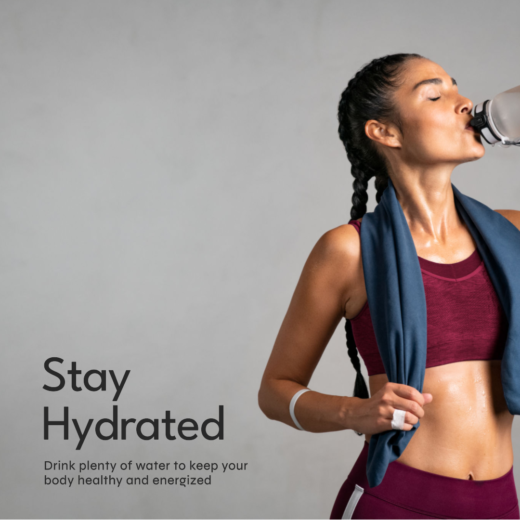 Fitness-oriented woman drinking water from a bottle post-workout, with encouraging phrases 'Stay Hydrated' and 'Drink plenty of water to keep your body healthy' emphasizing the significance of hydration for overall health.
